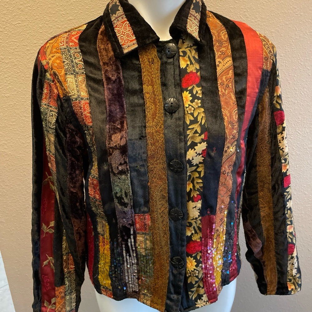 Vintage Boho Jacket 90s Velour W Sequins and Satin Patchwork